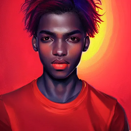 Image similar to colorful and festive captivating teenager with straight brown hair covering his eye, dark skin, big lips, big eyes, wearing a red t - shirt. rich vivid colors, ambient lighting, dynamic lighting, 4 k, atmospheric lighting, painted, intricate, highly detailed by charlie bowater