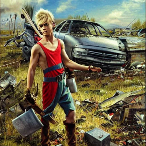 Image similar to an elf with spiky blonde hair wearing dark brown overalls and holding dynamite standing next to a destroyed car, painting by Mark Brooks