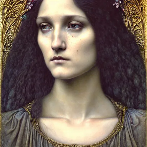 Image similar to detailed realistic beautiful young medieval queen face portrait by jean delville, tom bagshaw, brooke shaden, gustave dore and marco mazzoni, art nouveau, symbolist, visionary, gothic, pre - raphaelite, ornate gilded medieval icon, surreality, ethereal, unearthly, haunting, celestial, neo - gothic, ghostly, memento mori, enigmatic
