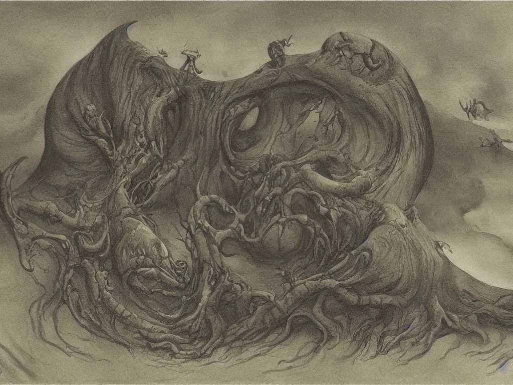 Image similar to deep sea strange creatures. Painting by Roger Dean, Alfred Kubin