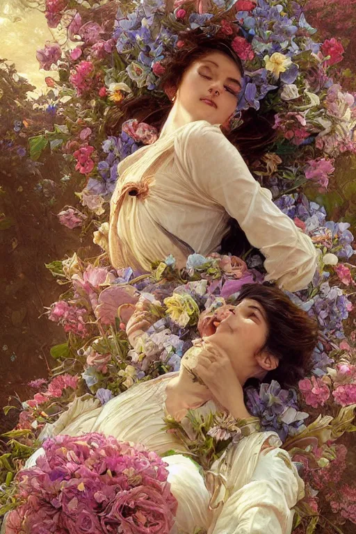 Image similar to a beautiful mysterious woman holding a large bouquet of flowing flowers, sleeping in an elaborate coffin, fantasy, regal, intricate, by stanley artgerm lau, greg rutkowski, thomas kindkade, alphonse mucha, loish, norman rockwell