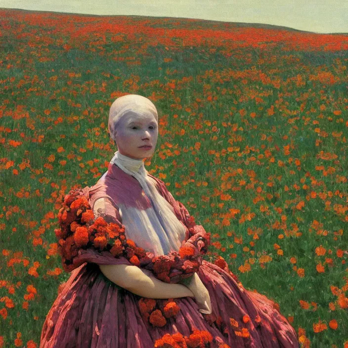 Prompt: a closeup portrait of a woman wearing a cloak made of plastic and mud, in an infinite landscape of flowers, photograph by edward hopper, canon eos c 3 0 0, ƒ 1. 8, 3 5 mm, 8 k, medium - format print