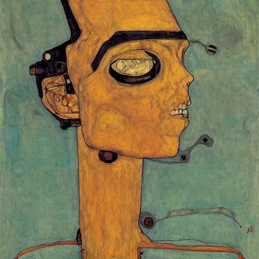 Image similar to portrait of a robot by egon schiele in the style of frank frazetta