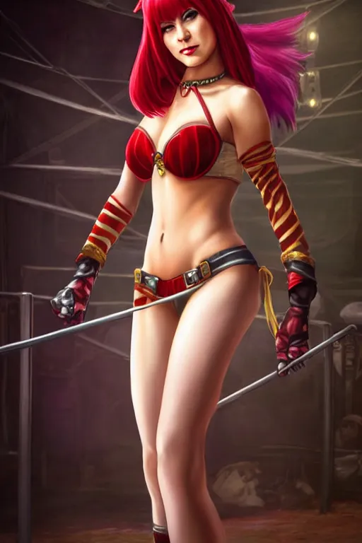 Image similar to Katarina from League of Legends at a circus, photorealistic full body, highly detailed