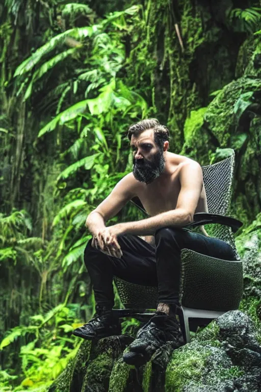 Image similar to movie closeup young man with a grey beard in a cyberpunk suit sitting on a futuristic chair at the edge of a jungle waterfall by emmanuel lubezki