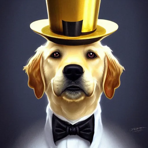 Image similar to close portrait of golden retriever dog, wearing a top hat, wearing a monocle over one eye, smiling, vaporwave, highly detailed, digital painting, artstation, concept art, smooth, sharp focus, illustration, art by artgerm and greg rutkowski and alphonse mucha