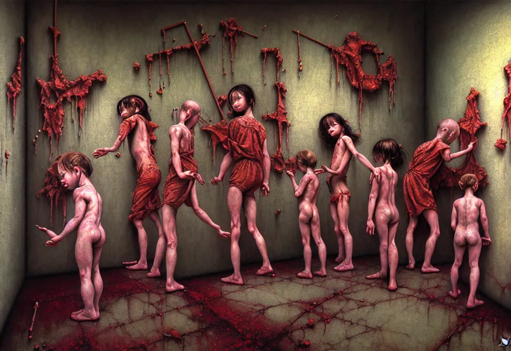 Prompt: realistic detailed photo rendered in octane 3d , of fully clothed kids in mantles , performing an esoteric ritual in a soviet abandoned hospital room padded cell with paintings on walls, by Francis Bacon, by Ayami Kojima, Amano, Karol Bak, Greg Hildebrandt, and Mark Brooks , rich deep colors. Beksinski painting, art by Takato Yamamoto. masterpiece. rendered in blender, ultra realistic, smooth shading, ultra detailed, high resolution, cinematic, unreal 6