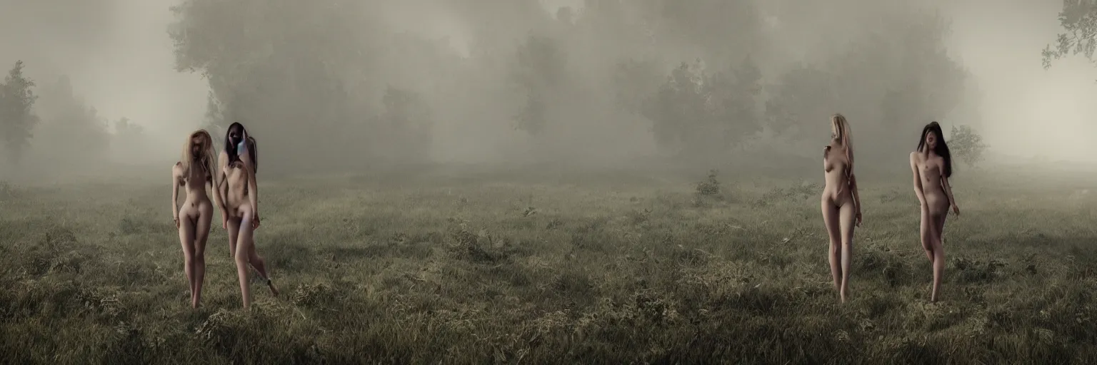 Prompt: epic fantasy portrait render of a two beautiful skinny women body in fog, no clothes, long hairs, white longhaired horses, dark south american woods, mountains, rocks, highly detailed, cinematic, hyperrealism, dynamic lighting, octane render