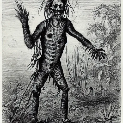 Image similar to A colonial zombie standing in the middle of the jungle, engraving, ink, black and white, 17th century