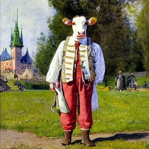 Image similar to painting by carl larsson, cow, dressed, anthropomorphic!!, wearing!!! clothes!!!, standing next to royal castle!!!