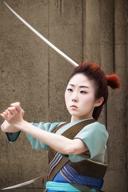 Image similar to highly detailed beautiful photo of a young female samurai, practising sword stances in a ancient temple, symmetrical face, beautiful eyes, realistic anime art style, 8 k, award winning photo, pastels, action photography, 1 / 1 2 5 shutter speed, dramatic lighting