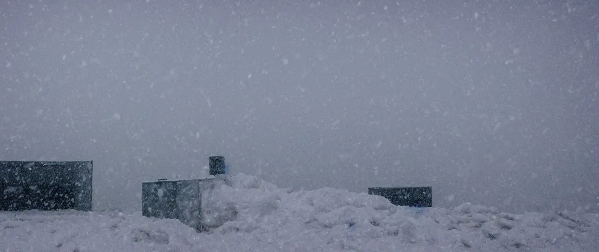 Image similar to a high quality color extreme closeup depth of field creepy hd 4 k film 3 5 mm photograph of very heavy snow storm blizzard in desolate antarctica, the faint barely visible silhouette of a bulky man is inside the blizzard