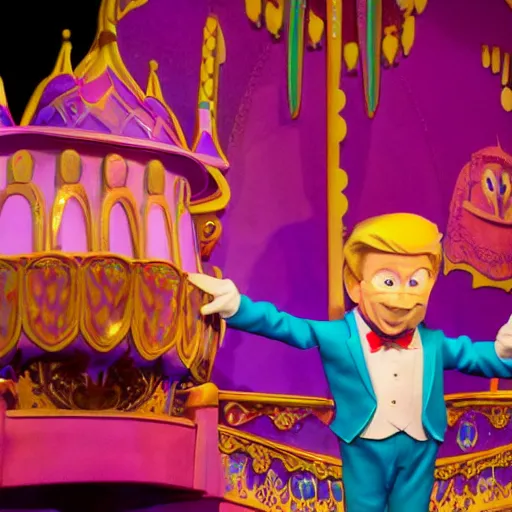 Image similar to a child puppet in the its a small world ride at disneyland that looks like donald trump, highly detailed, high definition, ultra realistic