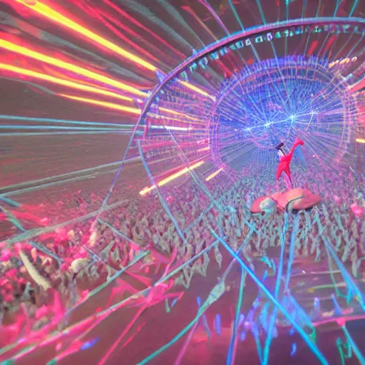 Prompt: 2 performers made of clay crowd surfing, bodies being stretched out, concert stage in background with lasers, style of anime art, image from perspective of drone, highly detailed, very intricate,