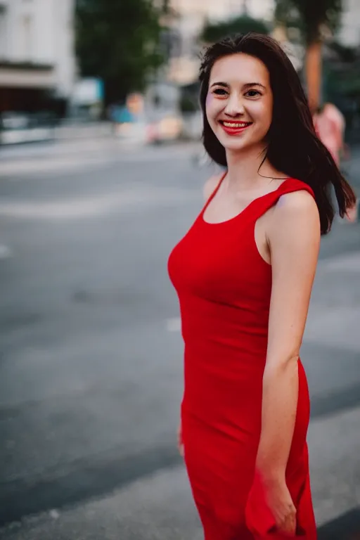 Image similar to blurry close up photo portrait of a smiling pretty woman in a red sleeveless dress, out of focus, street scene