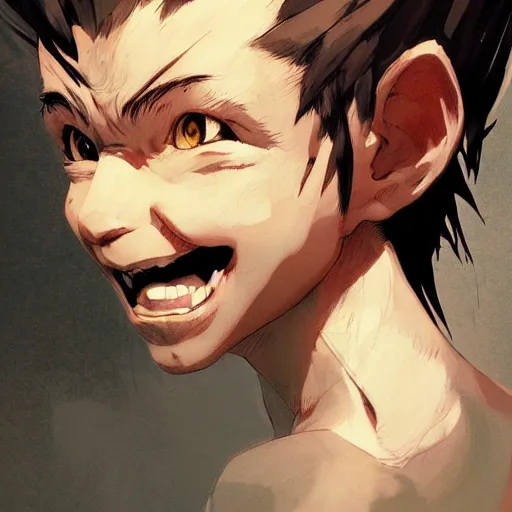 Image similar to realistic portrait of gon freecss, happy and smiling, dramatic lighting, illustration by Greg rutkowski, yoji shinkawa, 4k, digital art, concept art, trending on artstation