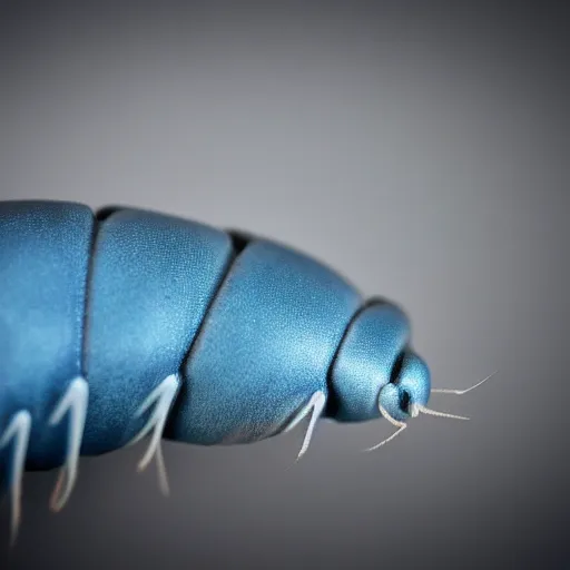 Image similar to studio photograph of a matte gray catterpillar with a neon blue head