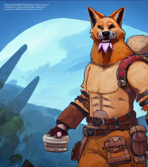 Prompt: stylized three quarters portrait concept art of the burly surly mercenary anthro anthropomorphic dingo dog head animal person fursona wearing clothes adventurer standing in australia outback, hidari, color page, tankoban, 4 k, tone mapping, akihiko yoshida, clean bright happy