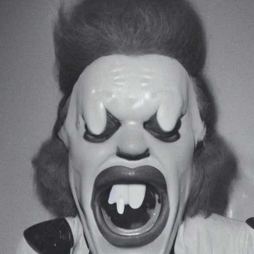 Image similar to creppy 2 0 0 1 photo of ronald mcdonald screaming in a dark room