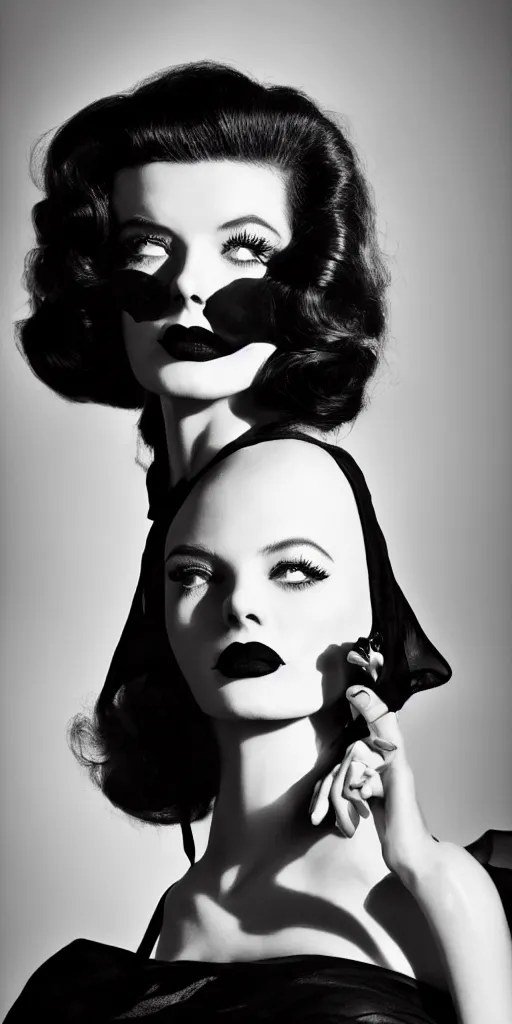 Image similar to a fashion photo portrait of a young Katherine Hepburn, full makup, smokey eye, medium shot. In the style of Helmut newton, robert maplethorpe, Stefano Brunesci, Lachlan Bailey, Herb Ritts, Ellen Von Unwerth, Haris Nukem, Annie Leibovitz. detailed photo, hd, 4k, trending on artstation, 35mm, f1.8