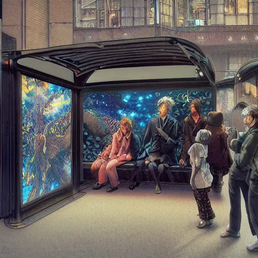 Prompt: people waiting in bus stop, by ayami kojima, moebius, yukito kishiro, barclay shaw, octane rendered with cinematic dramatic light by karol bak and monge and rutkowsky