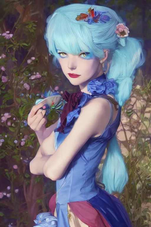 Image similar to pretty girl with blue hair, rem rezero dressed as alice in wonderland, digital painting, 8 k, concept art, art by wlop, artgerm, greg rutkowski and alphonse mucha