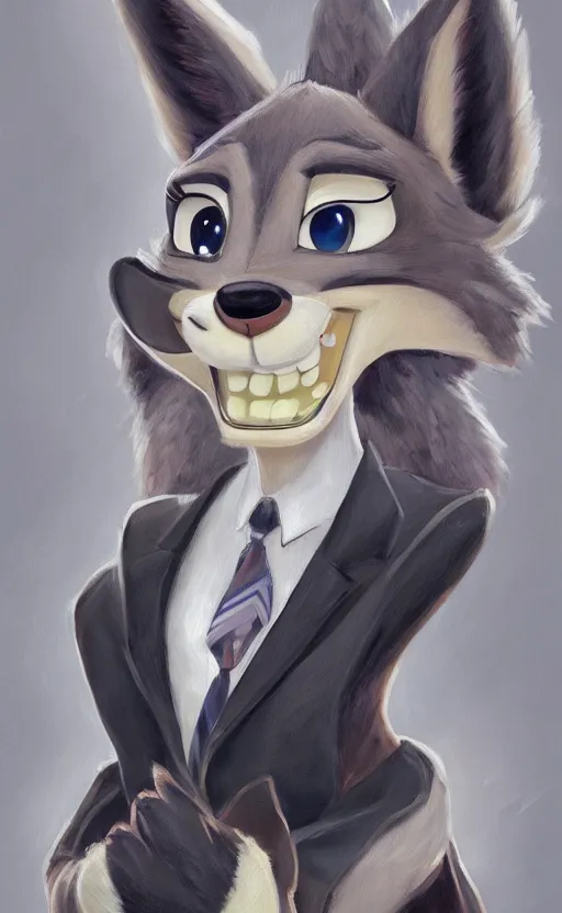 Image similar to oil painting of detailed full body of anthromorphic female wolf, in style of zootopia, zootopia, zootopia, fursona, furry, furaffinity, 4 k, deviantart, furry art, fursona art, wearing black business suit, business suit, in style of zootopia, wolf fursona, cyberpunk, female, expressive detailed feminine face,