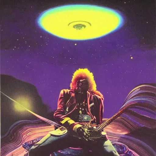 Prompt: Jimi Hendrix sitting on the rings of Saturn playing \'Purple Haze\' on his electric guitar by Moebius and Paul Lehr