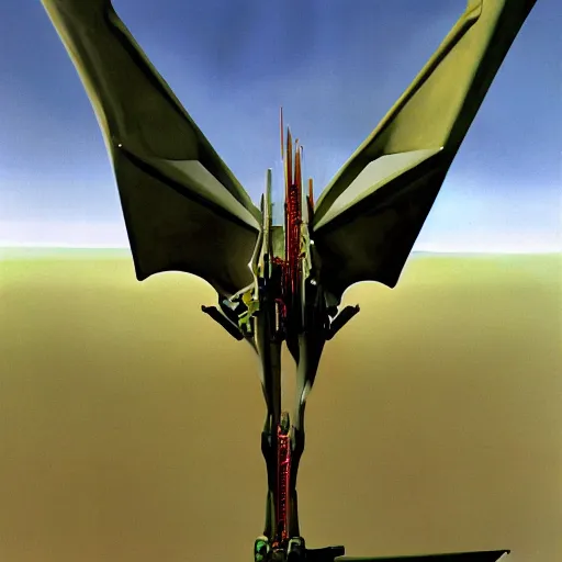 Image similar to Magnificent mecha-pterodactyl hybrid by Roger Dean, by Dean Ellis, surrealism, mecha, pterodactyl, horse