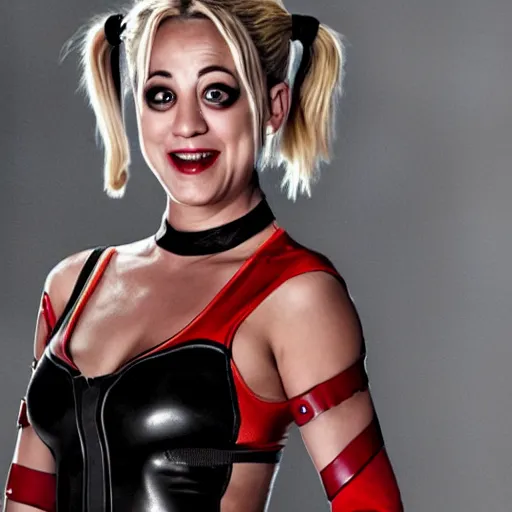 Image similar to A still of Kaley Cuoco as Harley Quinn