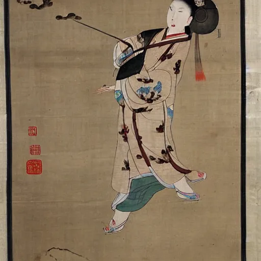 Prompt: the Chinese ancient painting of a lady flying a drone in Tang Dynasty , by Han Xizai