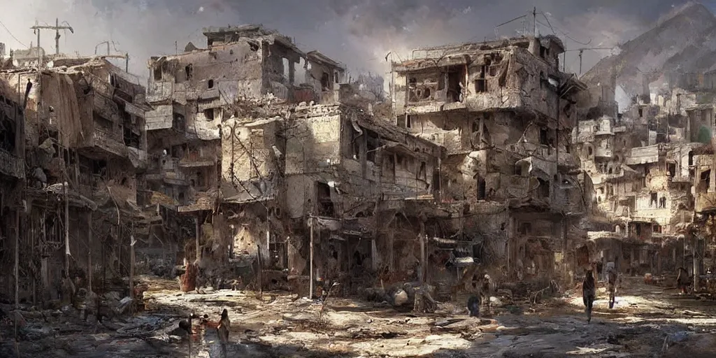 Image similar to hyper realistic, beautiful syrian slums village, concept art, for modern warfare, painted by greg rutkowski, highly detailed,