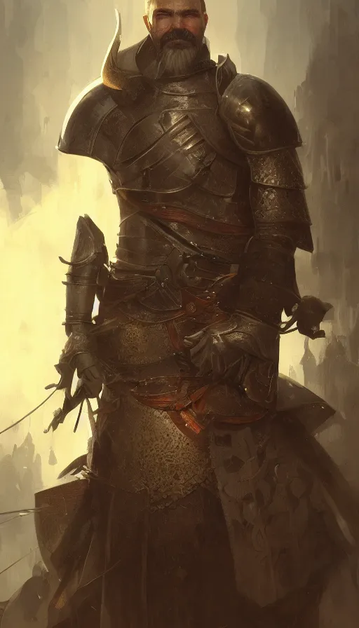 Prompt: Portrait of a middle aged knight with a large moustache, male, detailed face, fantasy, highly detailed, cinematic lighting, digital art painting by greg rutkowski