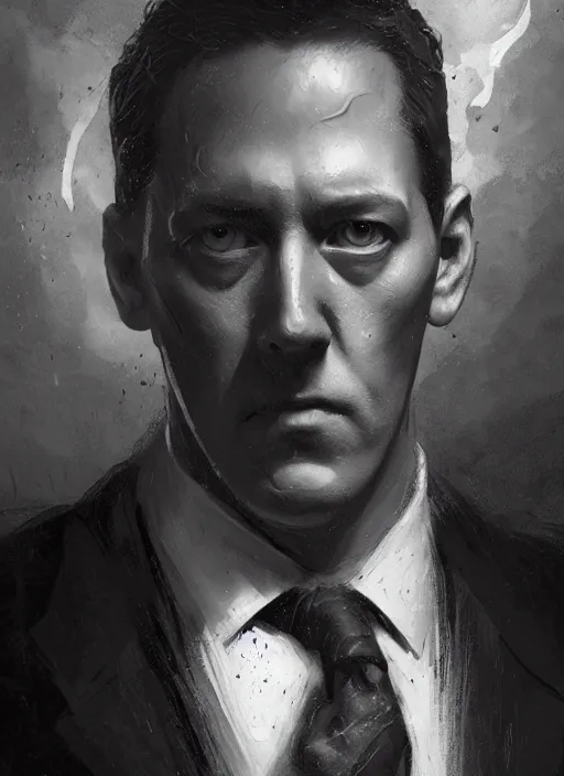 Prompt: highly detailed portrait of h p lovecraft by greg rutkowski, mike mignola, tom bagshaw artgerm and ross tran, beautiful dramatic dark moody lighting, volumetric, cinematic atmosphere, photorealism, glossy magazine painting, global illumination, deep color, 8 k resolution, high details, flickr, dslr, zbrushcentral, cgsociety, artstation