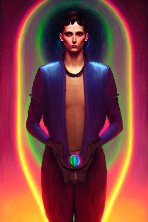 Prompt: male patron saint of 🛸🌈, futuristic clothing, neon god of city character portrait, in the style of moebius, tom bagshaw, and waterhouse, cinematic lighting, beautiful, elegant, oil painting,