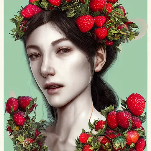 Prompt: the portrait of an absurdly beautiful, graceful, elegant, chaste, young woman made of strawberries and green petals smiling, an ultrafine detailed illustration by kim jung gi, irakli nadar, intricate linework, bright colors, octopath traveler, final fantasy, angular, unreal engine 5 highly rendered, global illumination, radiant light, detailed and intricate environment