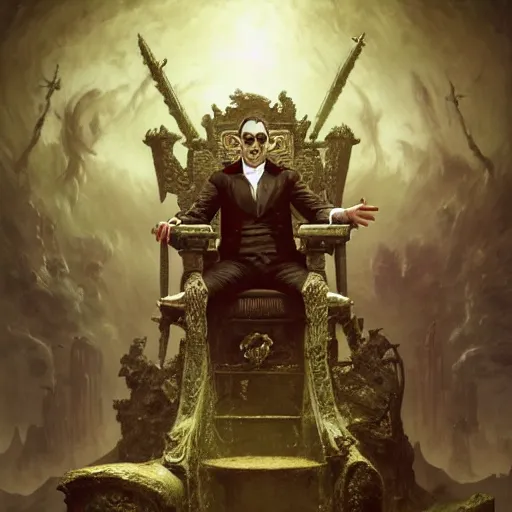 Image similar to An Evil Vampiric Mr. Bean sitting on the throne of hades, fullbody, intricate, demonic, video game art, highly detailed, artstation, green field with village ruins, concept art, smooth, sharp focus, illustration, art by greg rutkowski and orientalism and bouguereau and Zdzislaw Beksinski, good clear quality, lighting, biology, symmetrical artwork, perfect face, 135 mm, cinematic, hyper realism, high detail, octane render, 8k, chrome accents