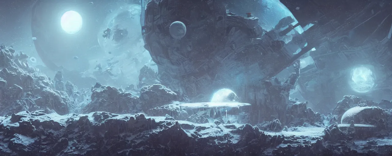 Image similar to lone explorer outer planet covered with ice, art by paul lehr, cinematic, detailed, epic, widescreen, opening, establishing, matte painting, photorealistic, realistic textures, octane render