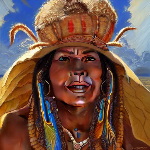 Image similar to an portrait of an happy female aboriginal, detailed, centered, digital painting, artstation, concept art, donato giancola, Joseph Christian Leyendecker, WLOP, Boris Vallejo, Breathtaking, 8k resolution, extremely detailed, beautiful, establishing shot, artistic, hyperrealistic, beautiful face, octane render