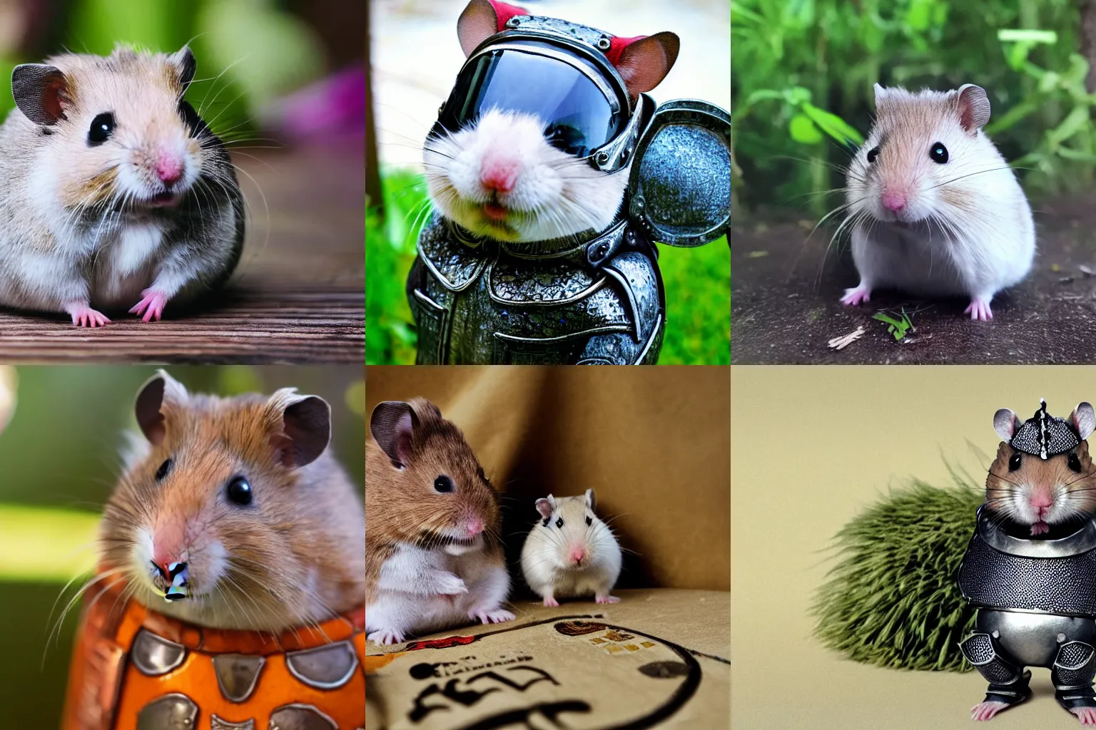 Prompt: photo of a hamster wearing knight armor, details visible