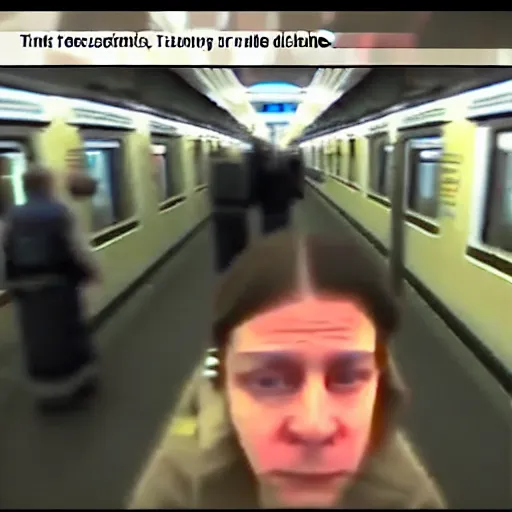 Prompt: disturbing train incident, security cam, creepy