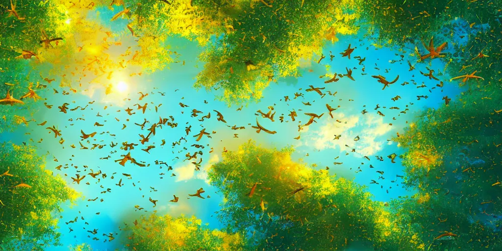 Image similar to golden canopy above a rainforest with birds flying in the sky above, painting, 4 k