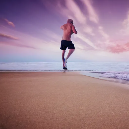 Image similar to Walter White running on the beach, artistic, 8k, cinematic, accurate, symetric, face, dramatic lighting, pastel colours