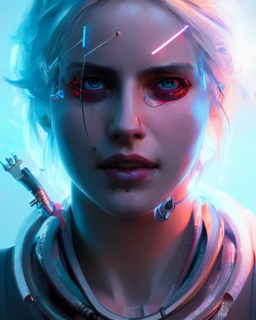 Image similar to portrait of ciri as a cyborg. intricate abstract. intricate artwork. by Tooth Wu, wlop, beeple, dan mumford. octane render, trending on artstation, greg rutkowski very coherent symmetrical artwork. cinematic, hyper realism, high detail, octane render, 8k, iridescent accents