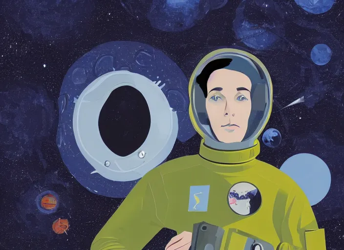 Image similar to a portrait of Alain Delon pilot in spacesuit posing on field forrest spaceship station landing laying lake artillery outer worlds shadows in FANTASTIC PLANET La planète sauvage animation by René Laloux