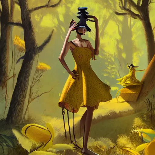 Prompt: concept art painting of an anthropomorphic salvador dali wearing yellow dress, in the deep forest, realistic, detailed, cel shaded, in the style of makoto shinkai and greg rutkowski and james gurney