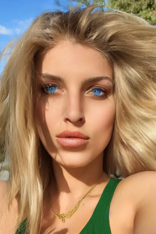 Prompt: olive skinned blonde female model in her twenties with green eyes, wearing a designer top, looking content, focused on her neck, photo realistic, extreme detail skin, natural beauty, no filter, slr, golden hour, 4 k, high definition, selfie