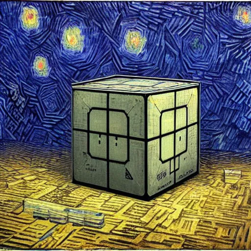 Prompt: cube in city, by giger and van gogh