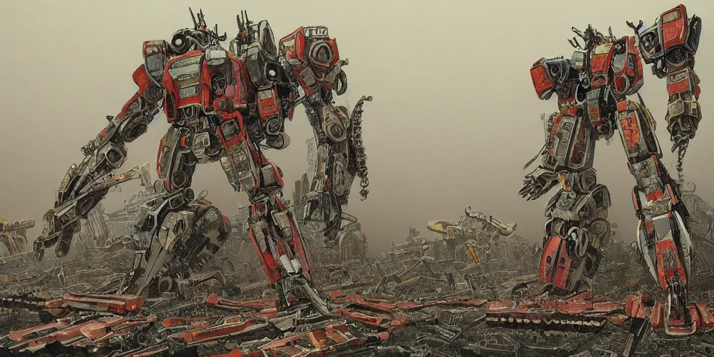 Image similar to Highly detailed painting of a large battle mech equipped with many chainsaws by moebius