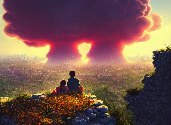 Prompt: a couple sitting on top of a rock covered hillside with flowers watching a nuclear explosion in a nearby city skyscrapers, a detailed matte painting by filip hodas, cgsociety, fantasy art, artstation hq, vfxfriday, dystopian art